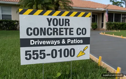 Sample mockup of a gray sign with a yellow-and-black hazard stripe and a trowel icon, reading Your Concrete Co, Driveways & Patios, 555-0100, for a fictional company, on a wire H-stake beside a freshly poured driveway