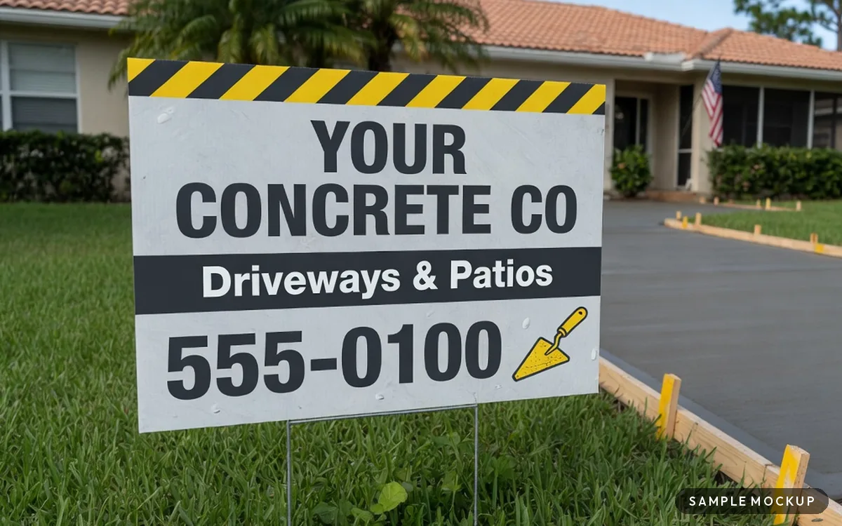 Sample mockup of a gray sign with a yellow-and-black hazard stripe and a trowel icon, reading Your Concrete Co, Driveways & Patios, 555-0100, for a fictional company, on a wire H-stake beside a freshly poured driveway