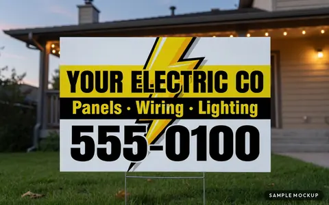 Sample mockup of a yellow and black sign with a lightning bolt breaking out of the top, reading Your Electric Co, Panels, Wiring, Lighting, 555-0100, for a fictional company, on a wire H-stake in front of a home at dusk