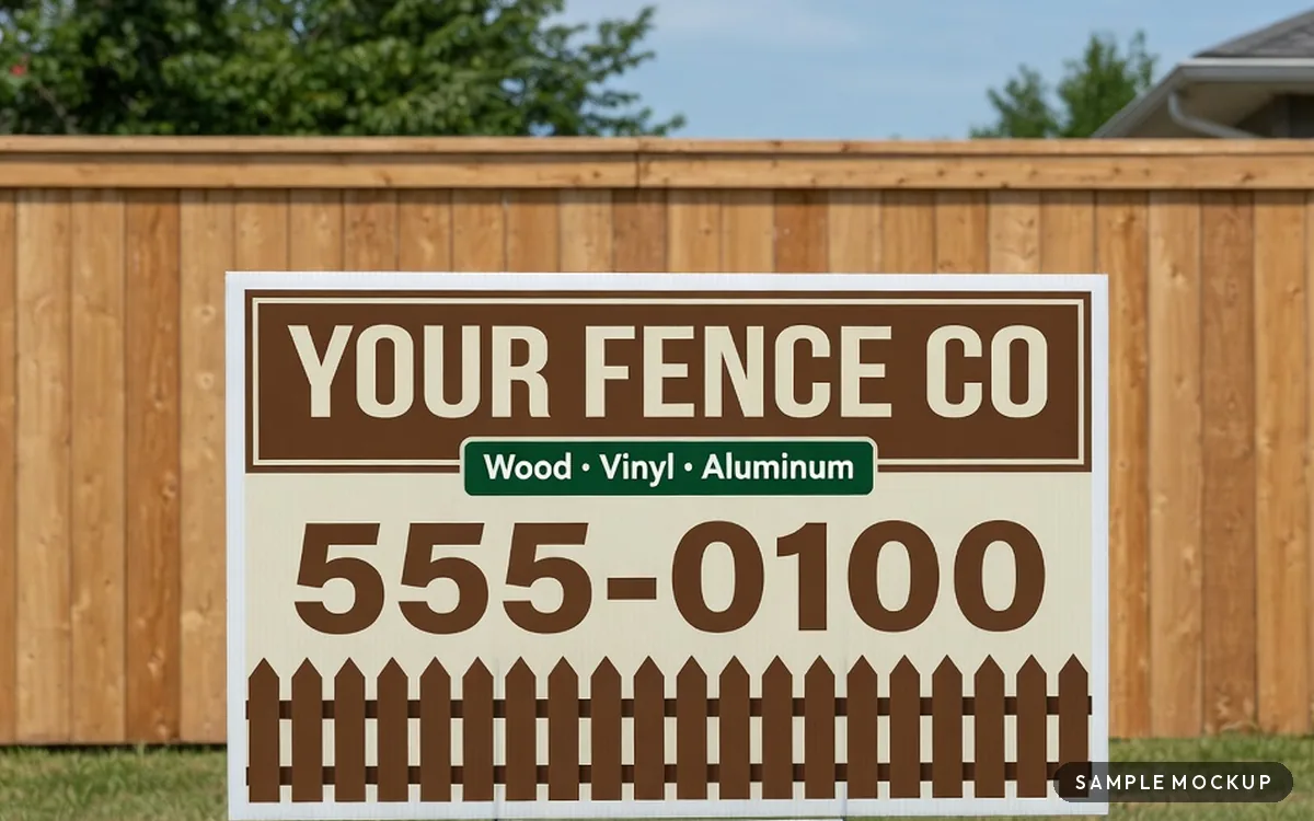 Sample mockup of a cream and brown sign with a picket-fence border, reading Your Fence Co, Wood, Vinyl, Aluminum, 555-0100, for a fictional company, on a wire H-stake in front of a new wood privacy fence