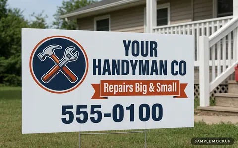Sample mockup of a navy and orange sign with a crossed hammer-and-wrench badge, reading Your Handyman Co, Repairs Big & Small, 555-0100, for a fictional company, on a wire H-stake in front of a porch repair