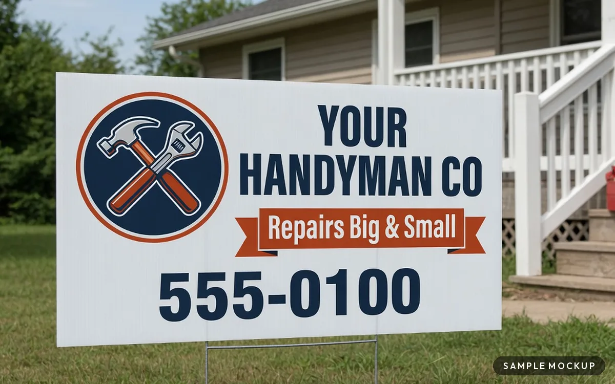 Sample mockup of a navy and orange sign with a crossed hammer-and-wrench badge, reading Your Handyman Co, Repairs Big & Small, 555-0100, for a fictional company, on a wire H-stake in front of a porch repair