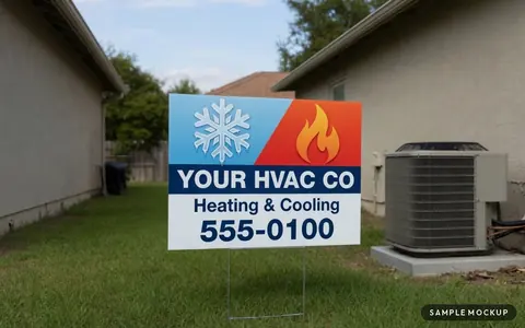 Sample mockup of a split blue-snowflake and red-flame sign, reading Your HVAC Co, Heating & Cooling, 555-0100, for a fictional company, on a wire H-stake beside an outdoor AC unit