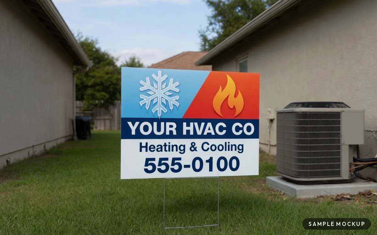 Sample mockup of a split blue-snowflake and red-flame sign, reading Your HVAC Co, Heating & Cooling, 555-0100, for a fictional company, on a wire H-stake beside an outdoor AC unit