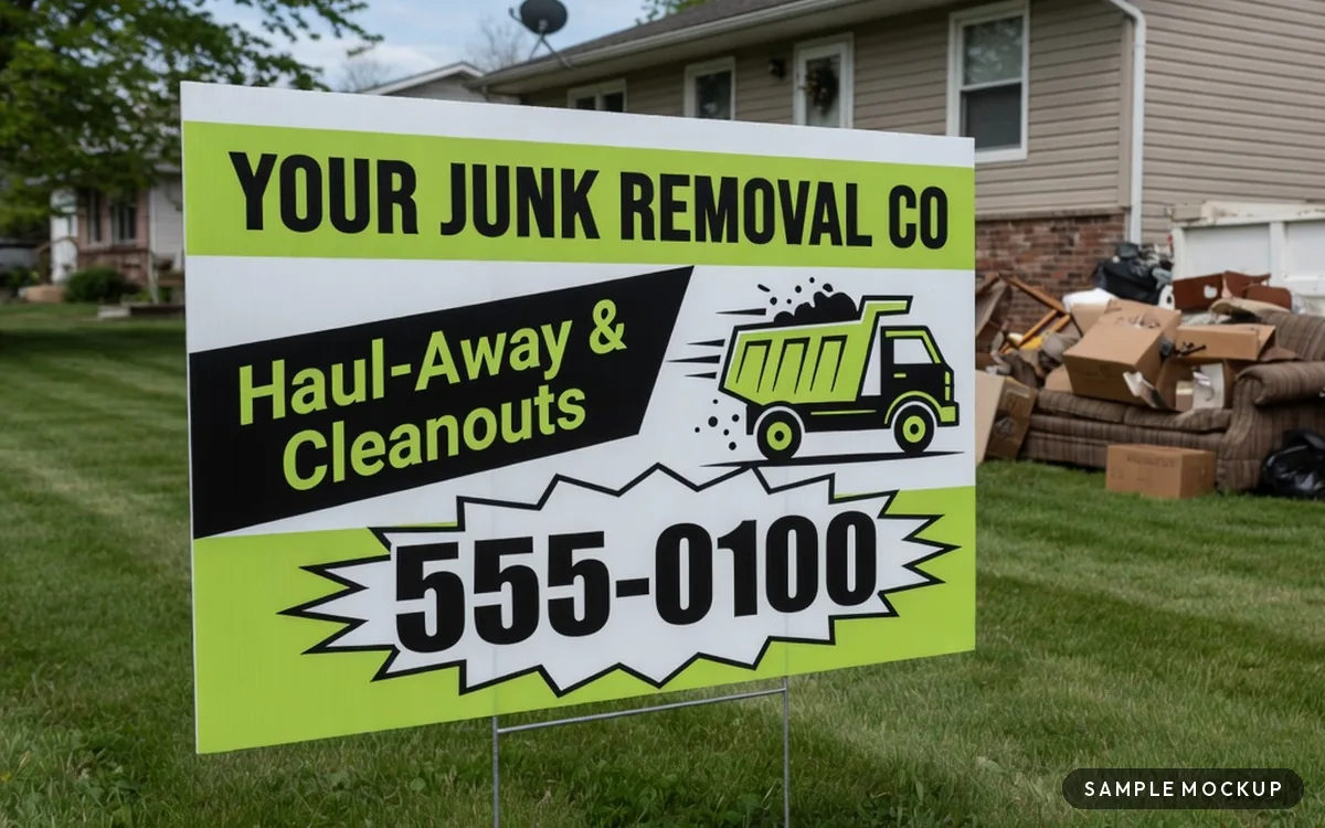 Sample mockup of a lime and black sign with a dump-truck icon and starburst phone, reading Your Junk Removal Co, Haul-Away & Cleanouts, 555-0100, for a fictional company, on a wire H-stake beside a pile of hauled junk