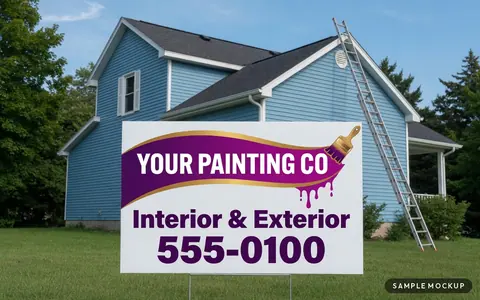 Sample mockup of a white sign with a purple and gold brush-stroke swoosh, reading Your Painting Co, Interior & Exterior, 555-0100, for a fictional company, on a wire H-stake in front of a freshly painted house