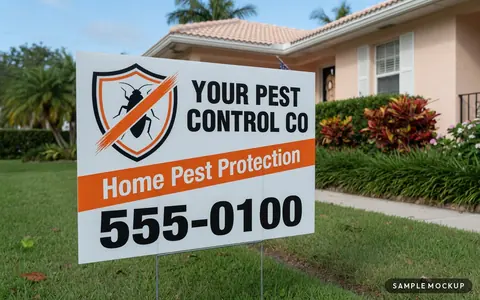 Sample mockup of a white and orange sign with a bug-shield badge, reading Your Pest Control Co, Home Pest Protection, 555-0100, for a fictional company, on a wire H-stake in a front yard