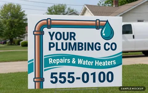 Sample mockup of a teal sign with a copper pipe frame and water drop, reading Your Plumbing Co, Repairs & Water Heaters, 555-0100, for a fictional company, on a wire H-stake in a front lawn