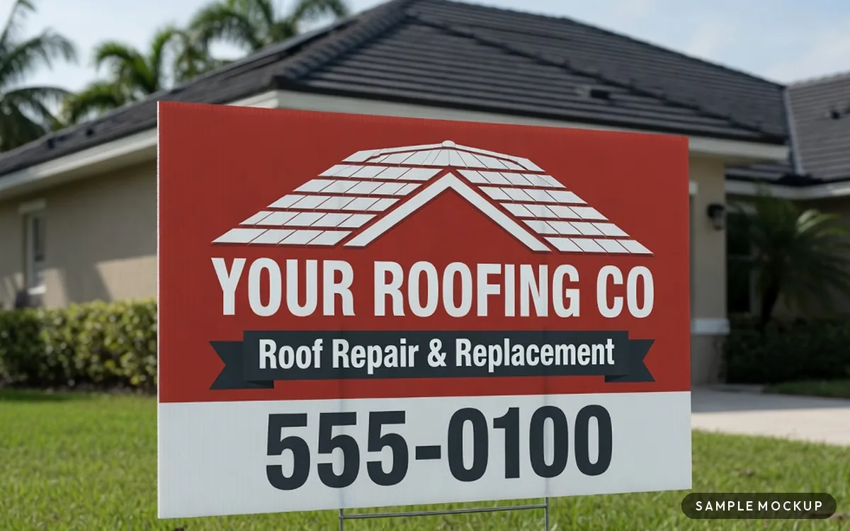 Sample mockup of a brick-red sign with a white shingle roofline chevron, reading Your Roofing Co, Roof Repair & Replacement, 555-0100, for a fictional company, on a wire H-stake in front of a shingle-roofed home