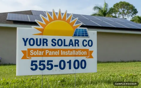 Sample mockup of a white sign with a rising sun and solar-panel emblem breaking out of the top, reading Your Solar Co, Solar Panel Installation, 555-0100, for a fictional company, on a wire H-stake in front of a home with rooftop solar