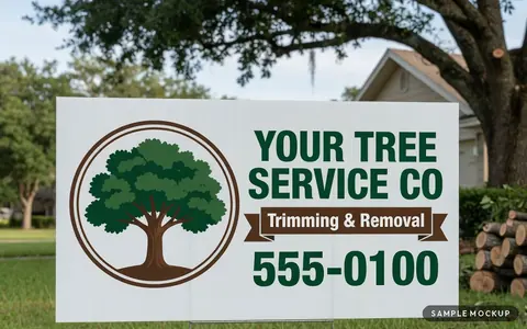 Sample mockup of a white sign with a green oak-tree badge, reading Your Tree Service Co, Trimming & Removal, 555-0100, for a fictional company, on a wire H-stake beside a trimmed oak and cut logs