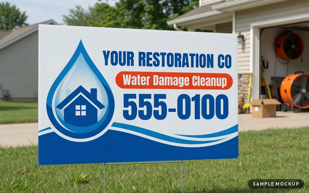 Sample mockup of a blue sign with a water-drop house icon and wave, reading Your Restoration Co, Water Damage Cleanup, 555-0100, for a fictional company, on a wire H-stake near drying fans in a garage